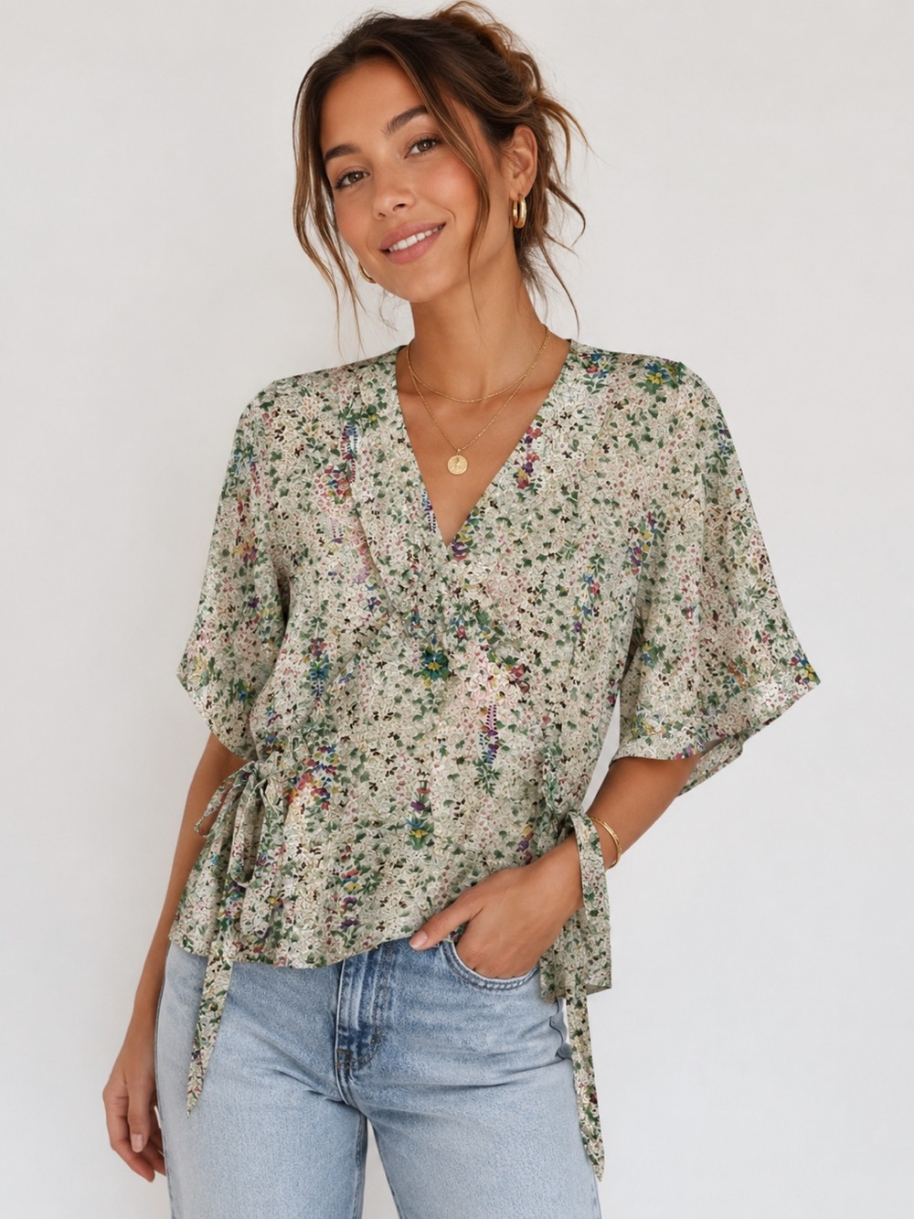 French Connection Vintage Silk Sage‎ Green Floral V-Neck Kimono Top Sz. S